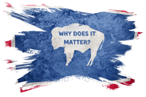 n artistic representation of the Wyoming state flag with a bison silhouette and the text 'Why Does It Matter?', emphasizing the importance of bonds in the state's regulatory landscape.