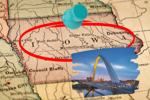 Map of Iowa with a pin marking key cities, featuring a modern bridge highlighting the state's infrastructure and bond opportunities.