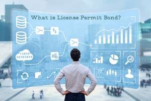 Person analyzing data on a digital interface with the title 'What is License Permit Bond?' showcasing business and financial growth metrics.