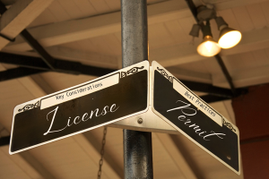 Intersection sign highlighting ‘Key Considerations’ for License Bonds and ‘Best Practices’ for Permit Bonds, emphasizing important bond compliance tips.