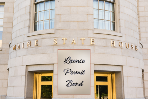 The entrance to the Maine State House, symbolizing the legal framework and License Permit Bonds required for compliance by businesses in Maine.