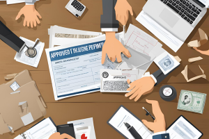 A busy desk filled with approved permits and application forms, illustrating the application process for License and Permit Bonds in Maine.