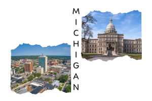 Aerial view of Michigan's skyline and the state capitol building, symbolizing the regulatory environment for license and permit bonds in Michigan.