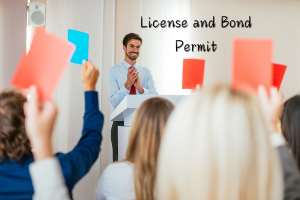 A presenter addressing a group about the importance of license and permit bonds in Michigan, highlighting key bonding requirements for businesses.