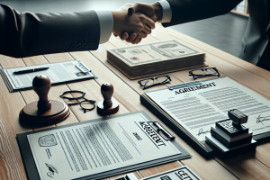 A handshake over official bond documents, representing the agreement process for obtaining a license and permit bond in Michigan.