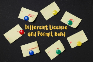 Multiple post-it notes pinned on a board representing various types of license and permit bonds required for businesses in Missouri.