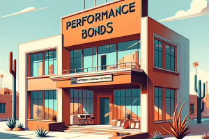 A modern building in a desert-inspired setting labeled 'Performance Bonds.' The structure has large glass windows and a welcoming entrance, symbolizing a dedicated agency or office in Avondale, Arizona, that specializes in issuing and managing performance bonds.