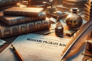 Vintage-inspired image featuring Missouri Probate Bond documents, books, and legal tools like ink and quill. Highlights the historical and legal aspects of probate bonds in Missouri.