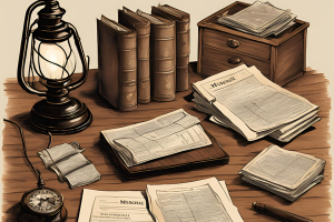 A desk with vintage legal documents, books, and a lantern, representing Montana probate bonds and estate administration processes.