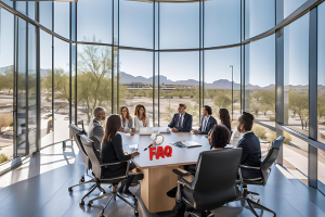 Business meeting in a modern conference room with glass walls showing desert landscape, representing an FAQ session about performance bonds in Goodyear, Arizona, with a focus on addressing common questions.