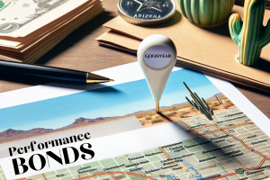 Map pinpointed on Goodyear, Arizona, with nearby desert landscape and objects symbolizing construction and finance, emphasizing the importance of performance bonds in Goodyear for contractors and developers.