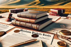 Books and official documents labeled 'Montana Probate Bonds' set against a scenic Montana landscape, symbolizing the intersection of legal proceedings and the state's natural beauty.