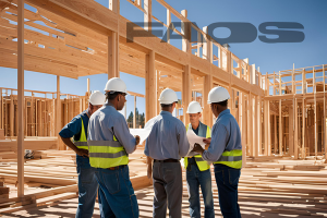 Construction team in Flagstaff, Arizona discussing performance bond details at a project site, wearing safety helmets and reflective vests, showcasing the collaborative planning process essential for successful project completion.