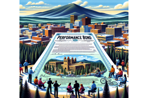 Creative illustration of a performance bond document overlaying a cityscape of Flagstaff, Arizona, with residents and buildings depicted around, symbolizing the critical role of bonds in ensuring project integrity in the community.