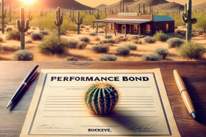 A performance bond document with a cactus placed on it, set against a desert landscape with cacti and a rustic building in Buckeye, Arizona, symbolizing the importance of performance bonds for <a  href=