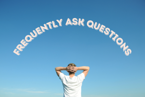 A man in a white shirt looking up at a clear blue sky with the text 'Frequently Asked Questions' arched above him.