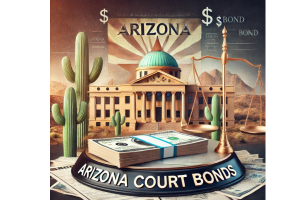 Illustration of Arizona court bonds with a courthouse, dollar signs, cacti, and a balance scale, symbolizing the financial and legal aspects of court bonds in the state.