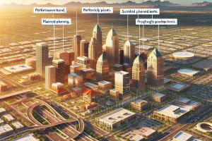 A cityscape of Buckeye, Arizona, highlighting planned urban development and infrastructure projects, emphasizing the role of performance bonds in securing contractor commitments.