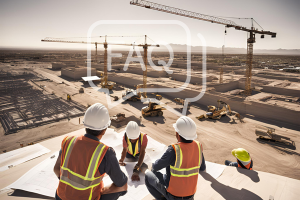 Construction workers reviewing plans on a large development site with cranes in the background in Buckeye, Arizona, with an FAQ overlay suggesting common questions about performance bonds for contractors.