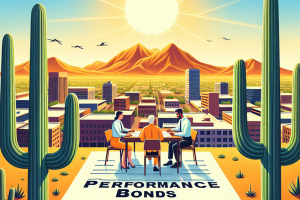 A stylized illustration of business professionals discussing performance bonds for contractors, with a view of the Buckeye, Arizona cityscape and surrounding desert landscape.