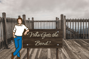 A casual illustration of a man leaning against a wooden sign that says "Who Gets the Bond?" The background shows a wooden walkway with railings and a cloudy sky, symbolizing questions about the distribution of estate bonds.