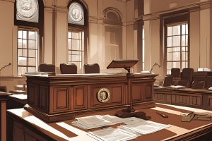 A detailed, warm-toned illustration of a courtroom featuring large windows, a judge's bench, and various legal documents. This image highlights the legal processes involved with probate bonds in New Hampshire courts.