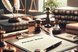 A richly detailed image of a legal desk covered with law books, a signed probate bond document, a quill, a judge’s gavel, and legal scales. The setting emphasizes the formal process of securing probate bonds, with a focus on the legal and financial documentation involved.