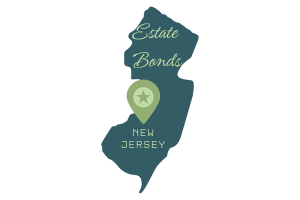 New Jersey map illustration with the text "Estate Bonds" highlighting the state's estate bond services.