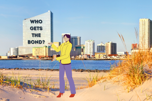 Person pointing to a city skyline in New Jersey with text reading "Who Gets the Bond?" emphasizing probate bond recipients.