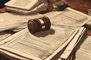 Illustration of a gavel resting on a stack of legal documents, symbolizing court proceedings related to probate bonds.