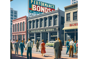 A vintage-styled illustration of a bustling street in downtown Mobile, Alabama, with a large billboard reading 'Performance Bonds' and people walking by various shops.