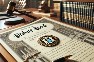 Close-up of a New Jersey probate bond certificate on a desk with a gavel and legal books, showcasing the formal process of securing probate bonds.