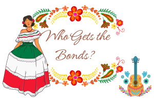 Illustration of a woman in traditional Mexican attire with floral decorations and a guitar, asking the question 'Who Gets the Bonds?' in a probate bond context.