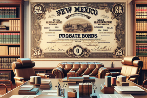 Vintage New Mexico probate bond certificate displayed in a law office with leather chairs and law books, symbolizing probate bond legal services.