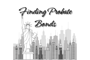 Illustration of the Statue of Liberty with a New York City skyline backdrop, featuring the text 'Finding Probate Bonds' in bold script.