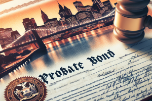 Close-up of a probate bond certificate with the New York City skyline and Brooklyn Bridge in the background, paired with a judge’s gavel symbolizing legal authority.