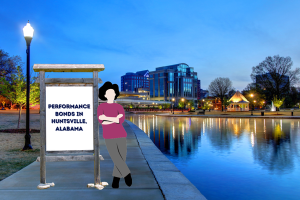 Illustration of a person standing next to a signboard that reads 'Performance Bonds in Huntsville, Alabama,' with a background of a scenic park and cityscape featuring buildings by a waterfront at twilight.