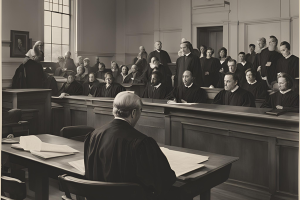 Black and white court scene with judges and attorneys in session, representing legal proceedings involving fiduciary bonds for probate estates in North Carolina.