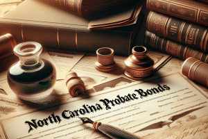 Old-fashioned legal documents with ink and quill, labeled 'North Carolina Probate Bonds,' symbolizing legal and historical aspects of estate bonds.