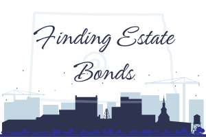 Illustration of North Dakota with a cityscape and 'Finding Estate Bonds' text, symbolizing the process of locating estate bonds in North Dakota.