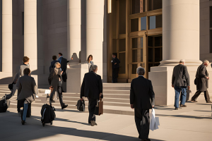 People entering a courthouse with briefcases, representing legal proceedings related to estate bonds in North Dakota.