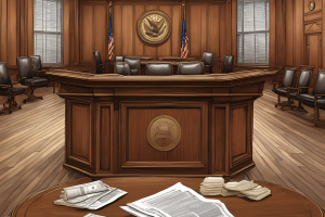 Courtroom interior with documents and money on the table, depicting a probate case involving estate bonds in North Dakota.