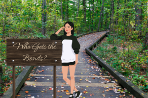 Illustration of a woman in a forest standing near a wooden sign that reads 'Who Gets the Bonds?'—highlighting the question of who is responsible for probate bonds in Ohio.