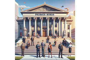 Illustration of a courthouse labeled 'Probate Bonds' with various people standing on the steps, symbolizing the legal process and community involvement in probate bonds in Ohio.