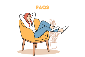 Illustration of a relaxed person lounging in a chair under the heading 'FAQs,' set against a simple background with a decorative plant, evoking a calm and informative atmosphere.