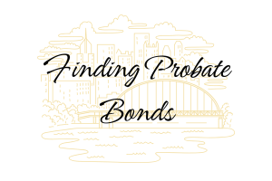 Artistic illustration of a Pennsylvania city skyline and bridge with the text 'Finding Probate Bonds,' symbolizing the process of locating probate bonds in the state.