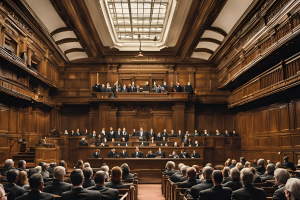 Interior view of a grand courtroom filled with people, illustrating the formal setting for probate bond disputes and hearings in Pennsylvania courts.