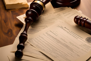 Close-up image of legal documents and a judge's gavel on a wooden desk, depicting the paperwork involved in obtaining probate or estate bonds in Pennsylvania.