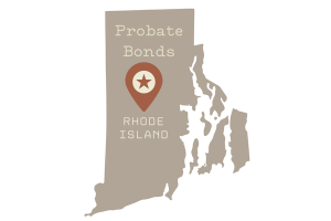 Map of Rhode Island with a pin location marked, highlighting "Probate Bonds" in bold letters. The image visually emphasizes the concept of probate bonds specific to the state of Rhode Island.