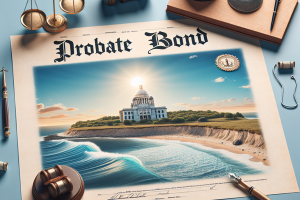 A stylized certificate labeled "Probate Bond" featuring the Rhode Island State House and a coastal scene. The image represents the formal and official nature of probate bonds specific to Rhode Island.